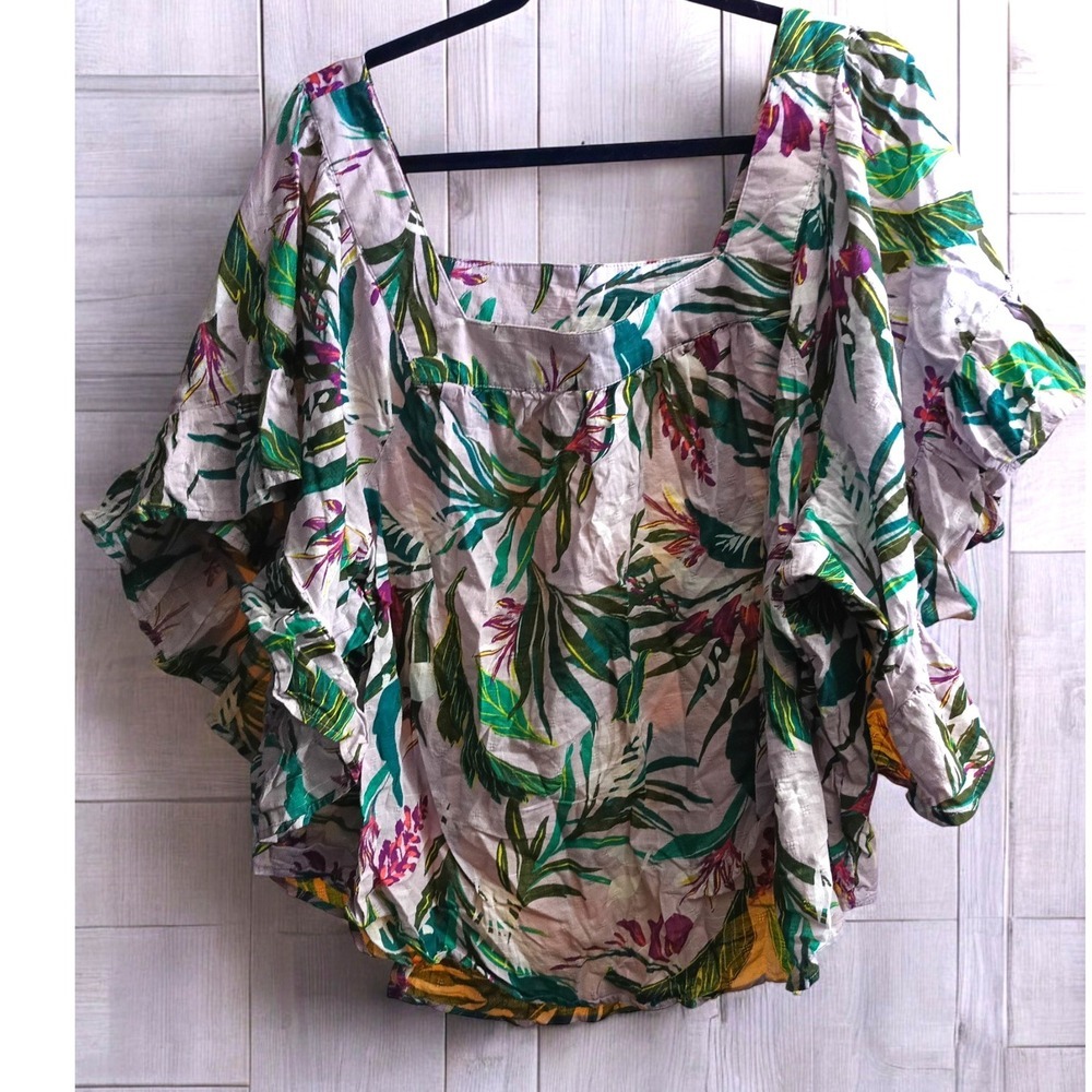 Terra Sky Top Womens Plus Size 3X Tropical Square Neck Flutter Sleeve‎ Blouse